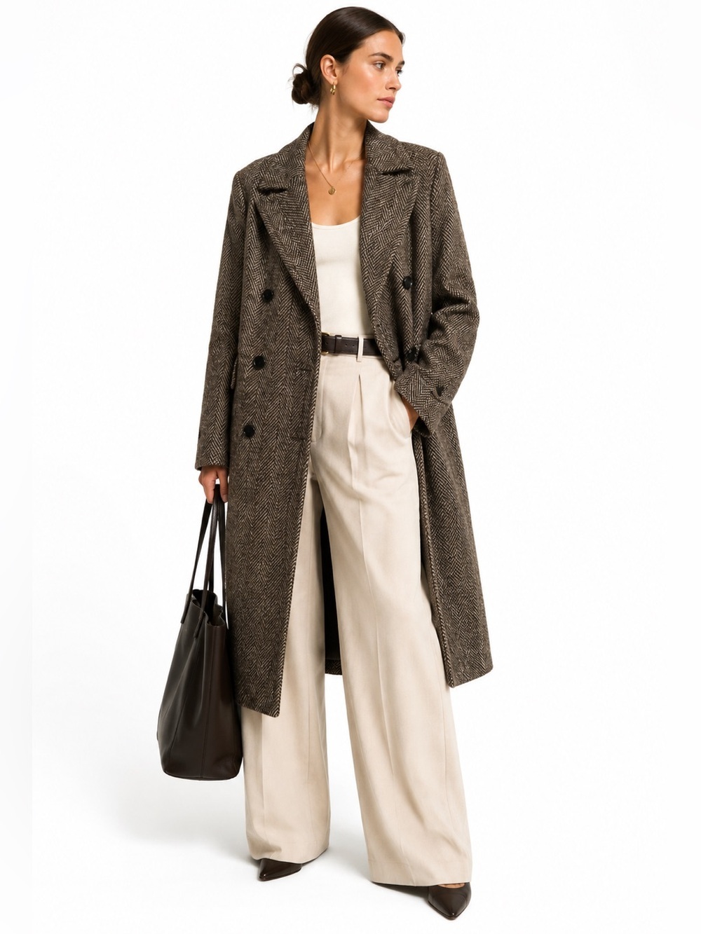 Deluc Herringbone Double Breasted Tailored Coat Size L NWT